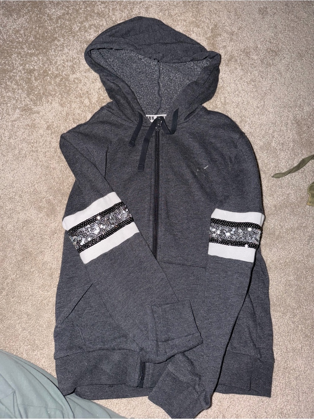 Victoria's Secret Dark Gray Zip-Up Hoodie with Sequin Sleeve Stripes
